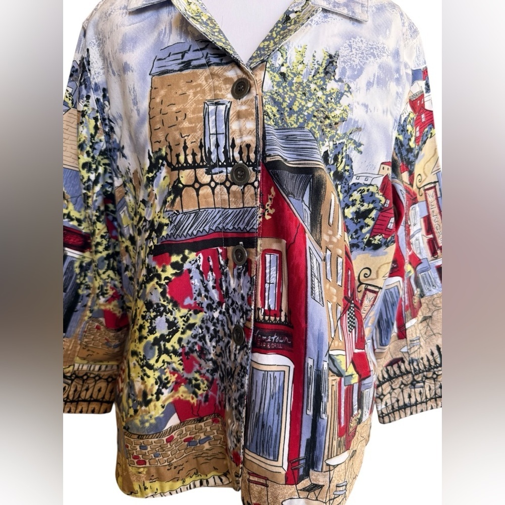Christopher & Banks Scenic Print Button Front Jacket Parisian Café Art Style L - Picture 4 of 12